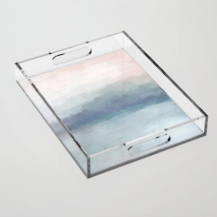 Atlantic Ocean Sunrise I - Blush Pink Mint Sky Baby Blue Abstract Sky Wall Art Water Clouds Painting Acrylic Tray Gallery Image 1