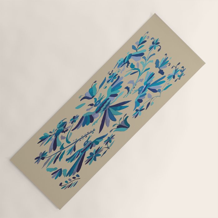 Blue otomi tenango mexican fabric birds and flower embroidery interior design Yoga Mat Gallery Image 1