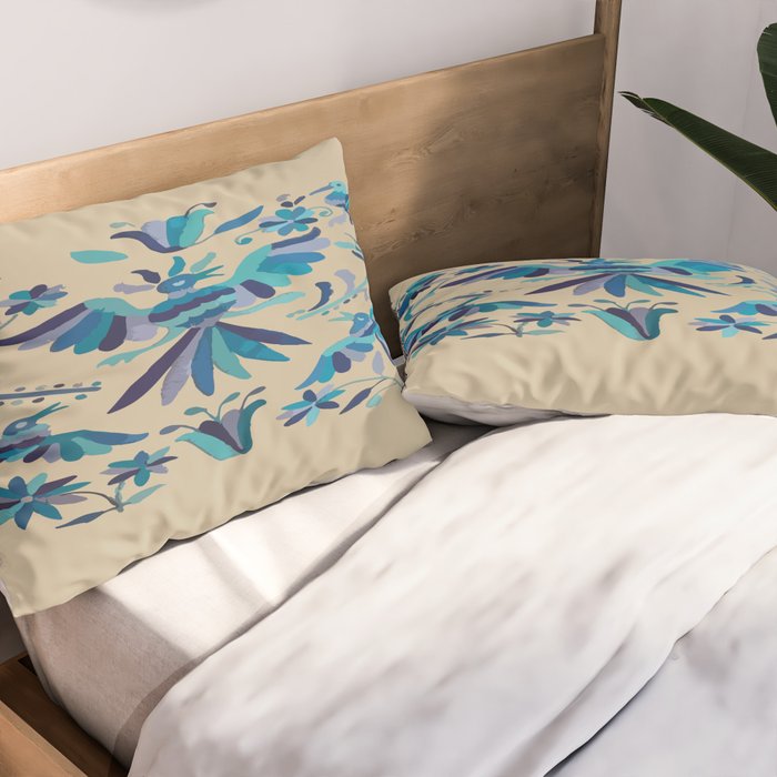 Blue otomi tenango mexican fabric birds and flower embroidery interior design Pillow Sham Gallery Image 2