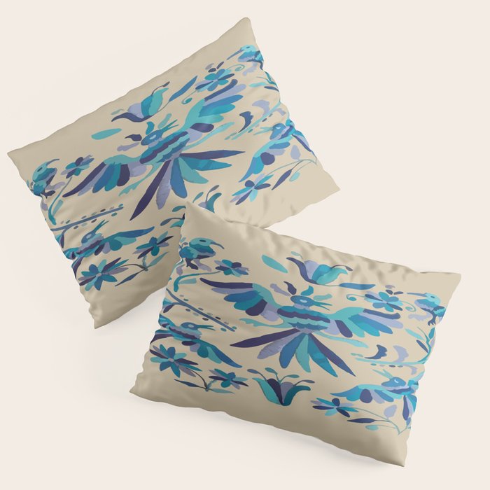 Blue otomi tenango mexican fabric birds and flower embroidery interior design Pillow Sham Gallery Image 3