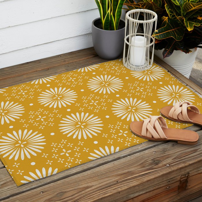 Happy Sunshine - yellow art, sunshine, boho art, bohemian, tile, home decor, yellow, yellow art print Outdoor Rug Gallery Image 2