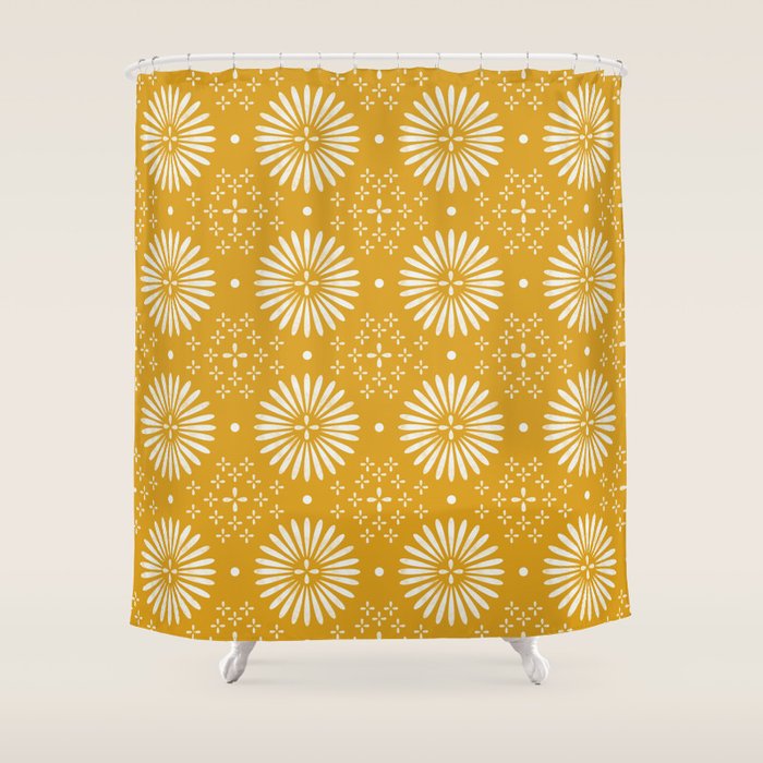 Happy Sunshine - yellow art, sunshine, boho art, bohemian, tile, home decor, yellow, yellow art print Shower Curtain Gallery Image 1