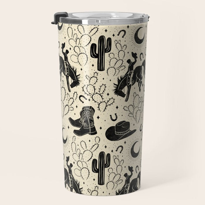 Cowboys and Cacti - cream and black Travel Mug Gallery Image 3