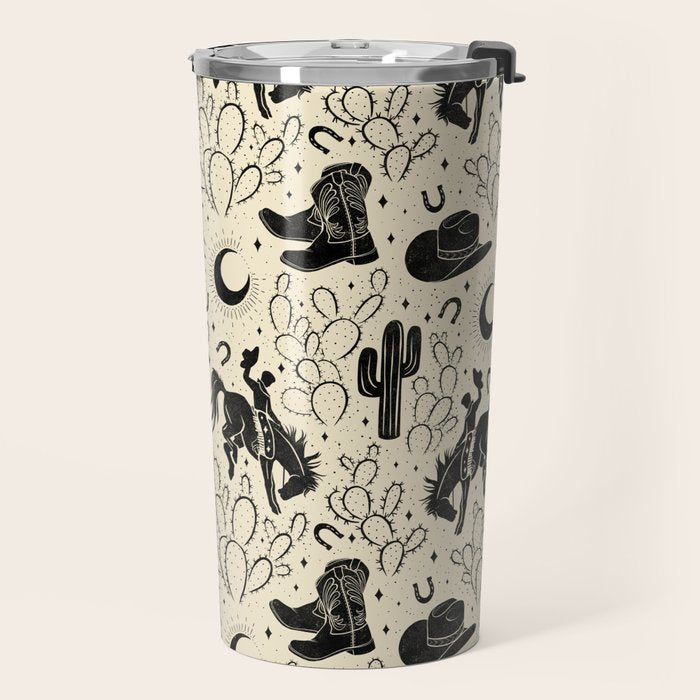 Cowboys and Cacti - cream and black Travel Mug Gallery Image 2