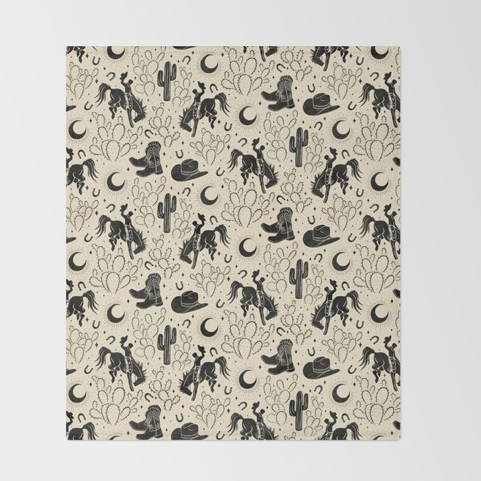 Cowboys and Cacti - cream and black Throw Blanket Gallery Image 2