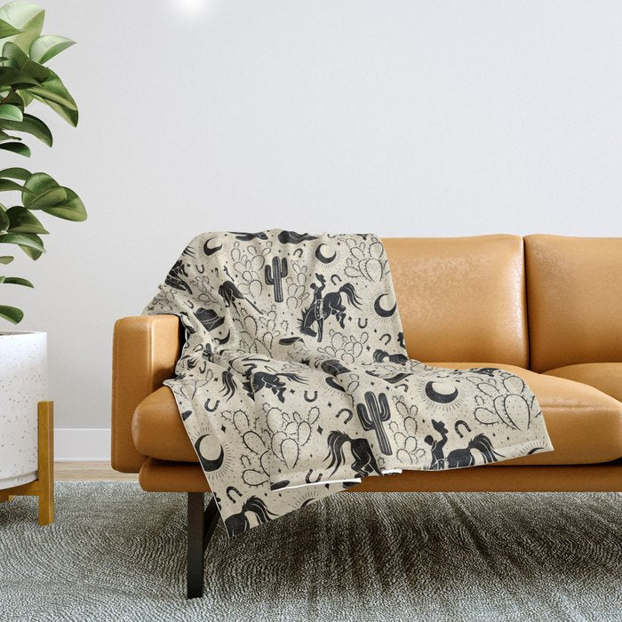 Cowboys and Cacti - cream and black Throw Blanket Gallery Image 1