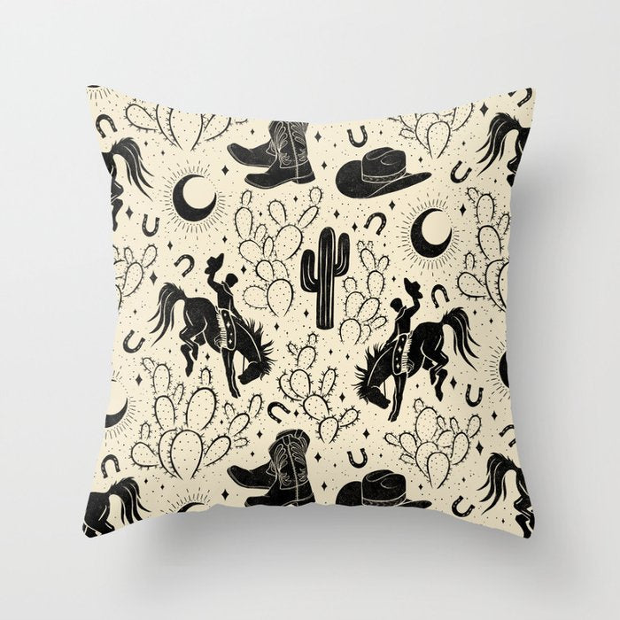 Cowboys and Cacti - cream and black Throw Pillow Gallery Image 1