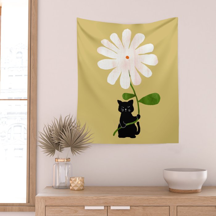 Cat with flower Wall Tapestry Gallery Image 2
