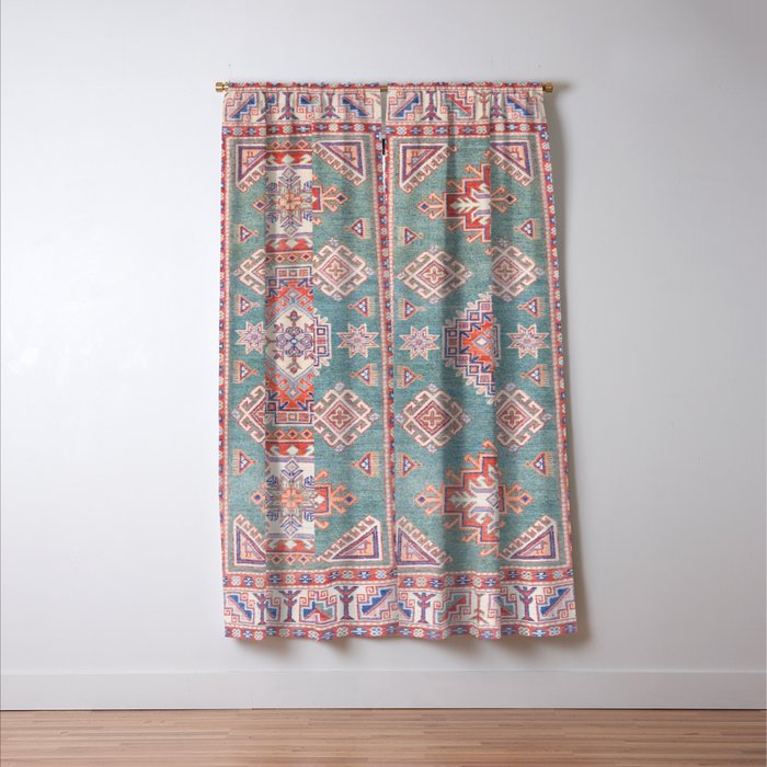 Marine Green Spiral Star Kazak Handmade Persian Rug Window Curtain Gallery Image 3