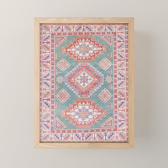 Marine Green Spiral Star Kazak Handmade Persian Rug Mini Art Print Gallery Image 1
