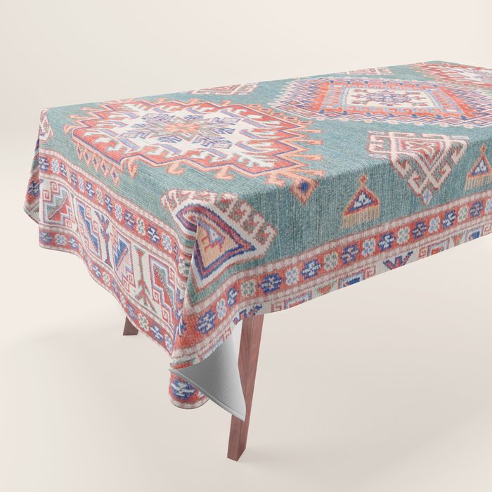 Marine Green Spiral Star Kazak Handmade Persian Rug Tablecloth Gallery Image 1