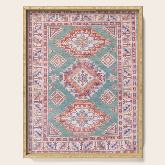 Marine Green Spiral Star Kazak Handmade Persian Rug Serving Tray Gallery Image 1