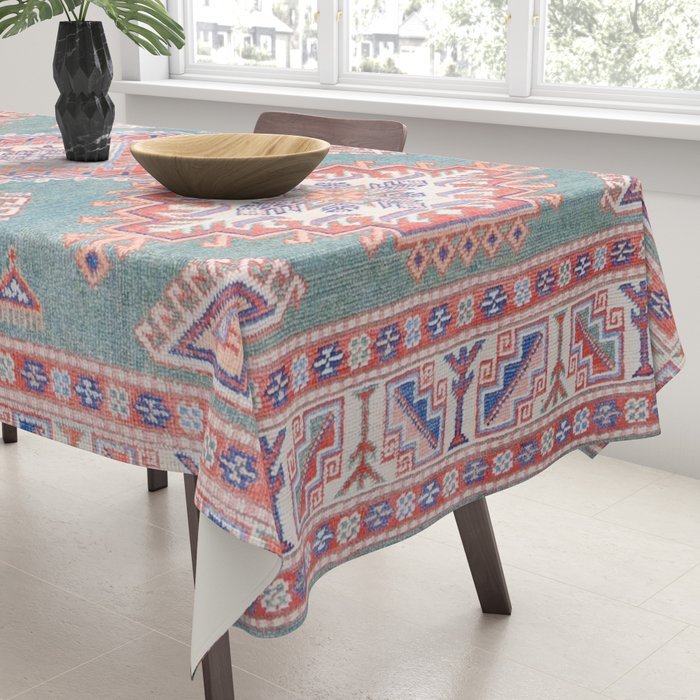 Marine Green Spiral Star Kazak Handmade Persian Rug Tablecloth Gallery Image 3