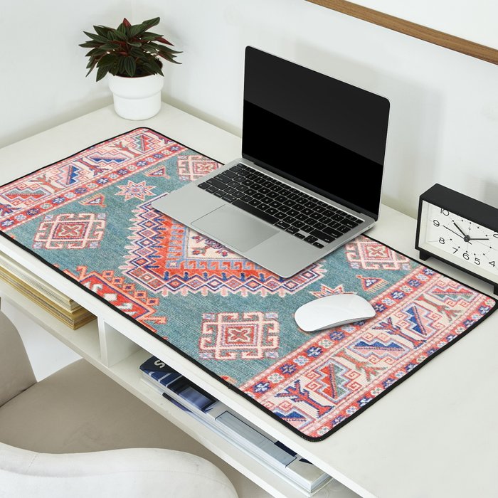 Marine Green Spiral Star Kazak Handmade Persian Rug Desk Mat Gallery Image 2