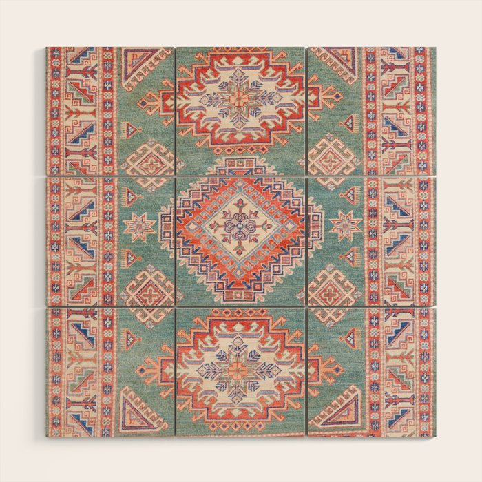 Marine Green Spiral Star Kazak Handmade Persian Rug Wood Wall Art Gallery Image 1