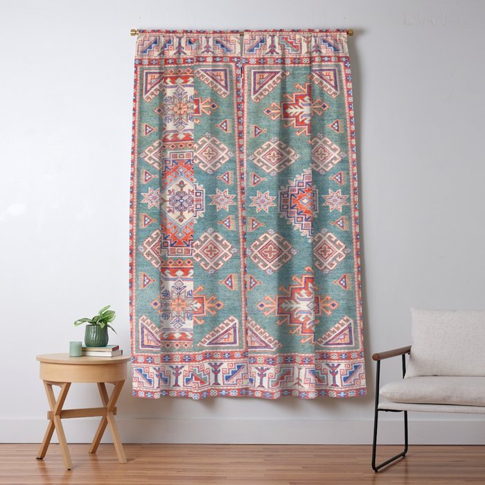Marine Green Spiral Star Kazak Handmade Persian Rug Window Curtain Gallery Image 5