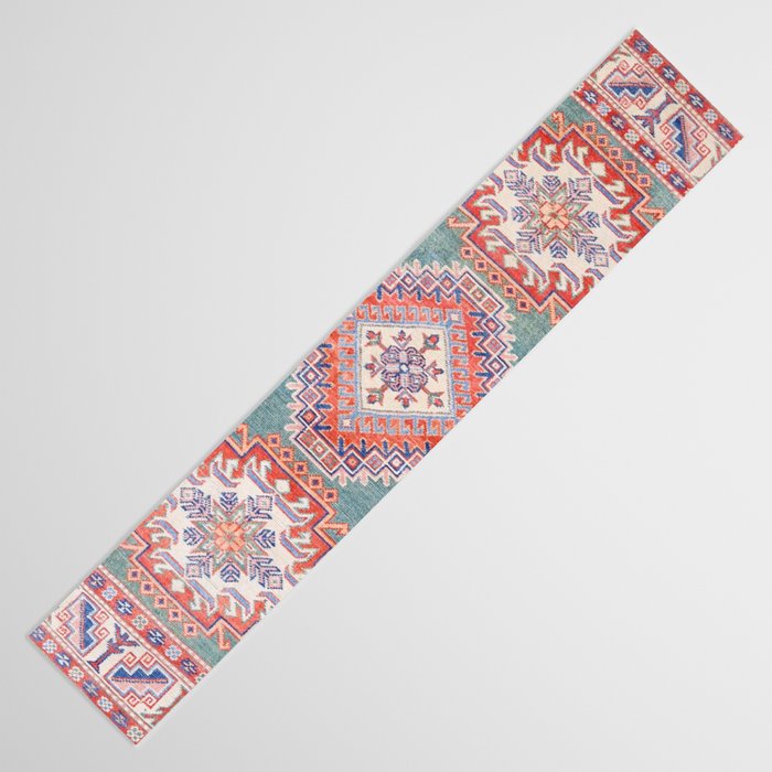 Marine Green Spiral Star Kazak Handmade Persian Rug Table Runner Gallery Image 3