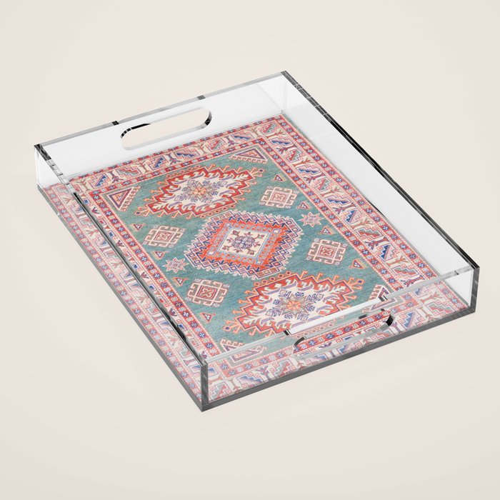 Marine Green Spiral Star Kazak Handmade Persian Rug Acrylic Tray Gallery Image 1