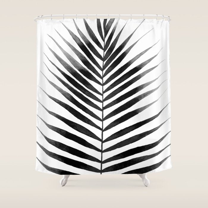 Palm Leaf Watercolor | Black and White Shower Curtain Gallery Image 1