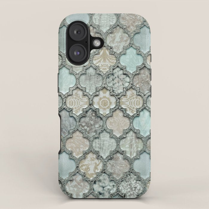 Old Moroccan Tiles Pattern Teal Beige Distressed Style iPhone Case Gallery Image 1