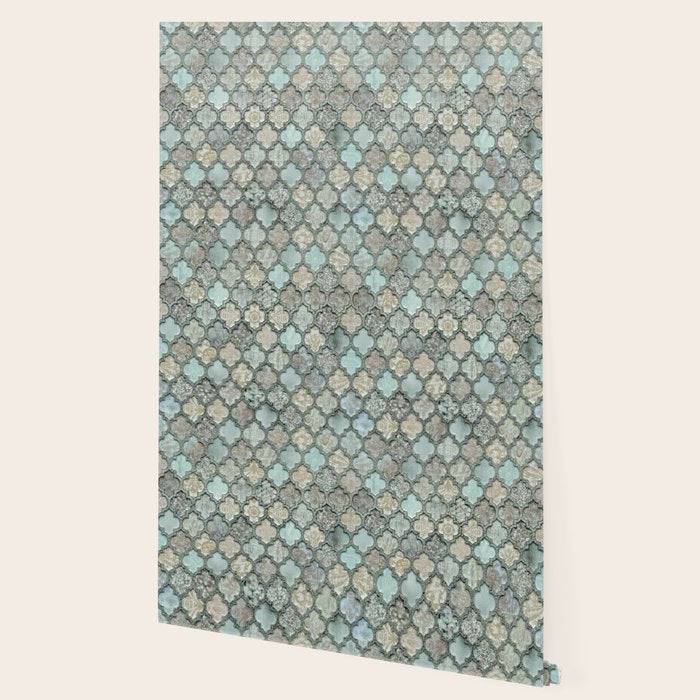 Old Moroccan Tiles Pattern Teal Beige Distressed Style Wallpaper Gallery Image 2