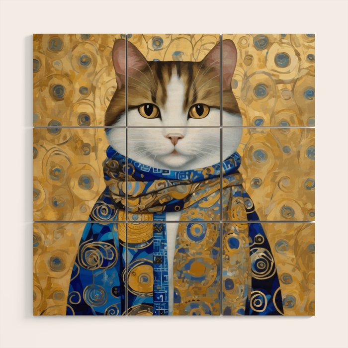 Klimt Tabby Cat with Warm Scarf Wood Wall Art Gallery Image 1