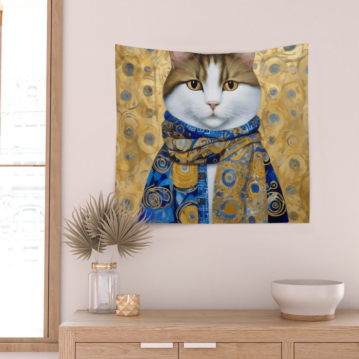 Klimt Tabby Cat with Warm Scarf Wall Tapestry Gallery Image 2