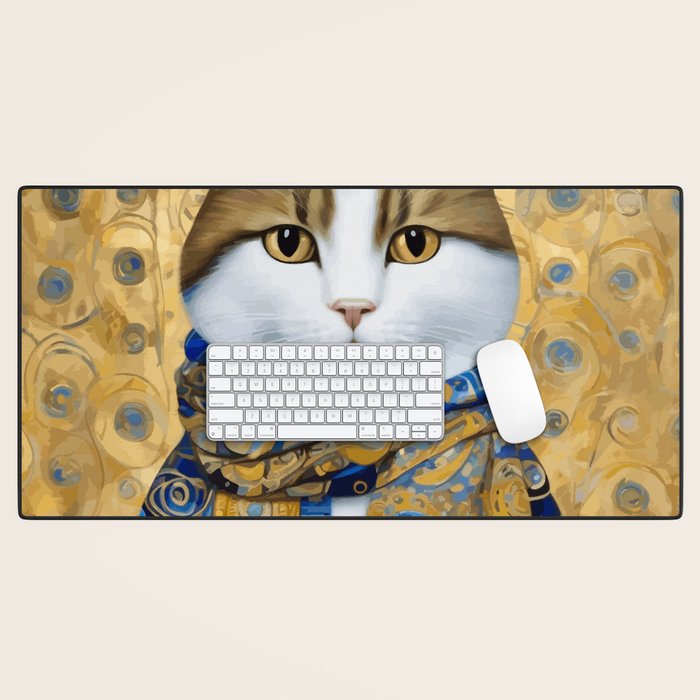 Klimt Tabby Cat with Warm Scarf Desk Mat Gallery Image 1