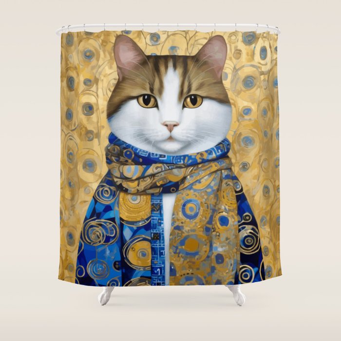 Klimt Tabby Cat with Warm Scarf Shower Curtain Gallery Image 1