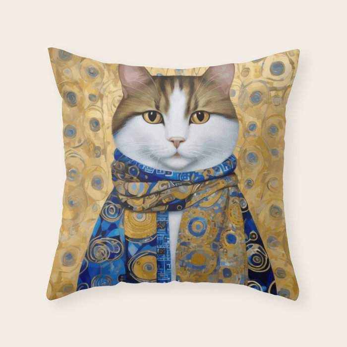 Klimt Tabby Cat with Warm Scarf Throw Pillow Gallery Image 1