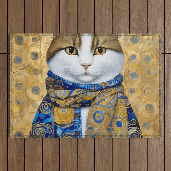 Klimt Tabby Cat with Warm Scarf Outdoor Rug Gallery Image 1