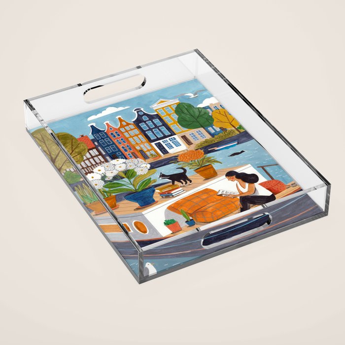Woman on houseboat in Amsterdam Acrylic Tray Gallery Image 1