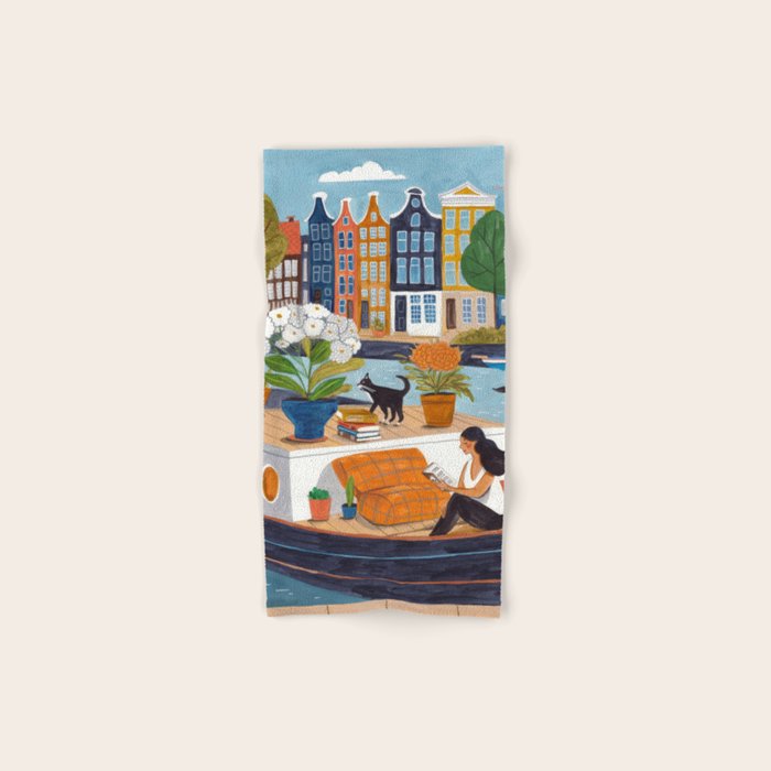 Woman on houseboat in Amsterdam Bath Towel Gallery Image 1