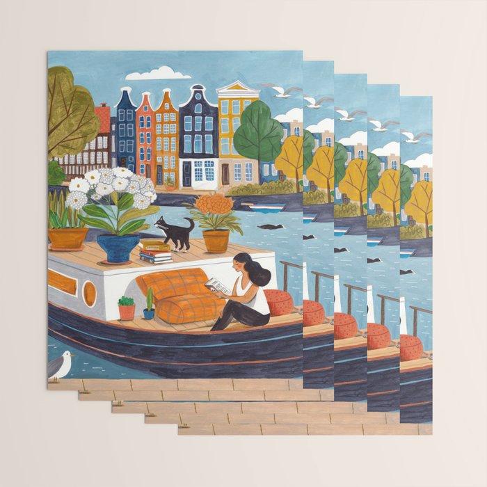 Woman on houseboat in Amsterdam Wrapping Paper Gallery Image 3