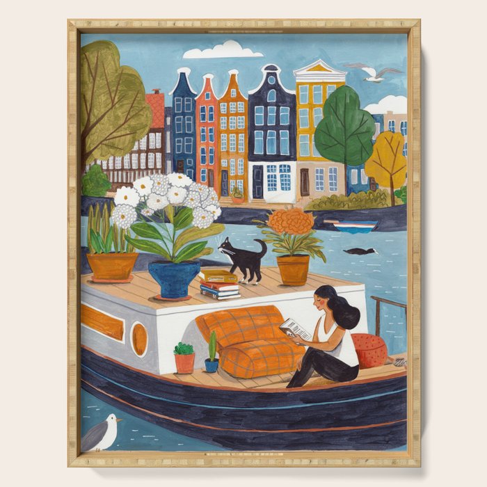 Woman on houseboat in Amsterdam Serving Tray Gallery Image 1