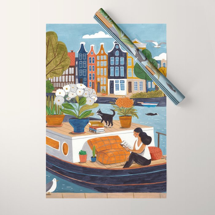 Woman on houseboat in Amsterdam Wrapping Paper Gallery Image 1
