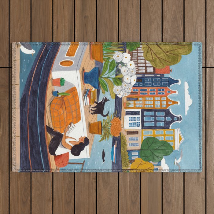 Woman on houseboat in Amsterdam Outdoor Rug Gallery Image 1