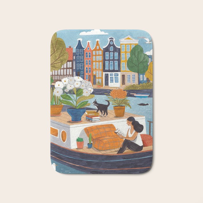 Woman on houseboat in Amsterdam Bath Mat Gallery Image 1