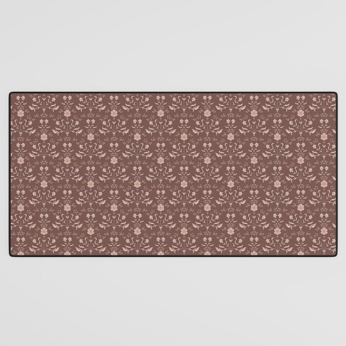 Cafe Block Print Floral - Brown Pink Desk Mat Gallery Image 3