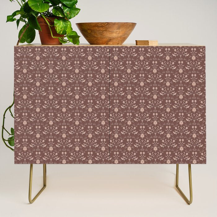Cafe Block Print Floral - Brown Pink Credenza Gallery Image 1