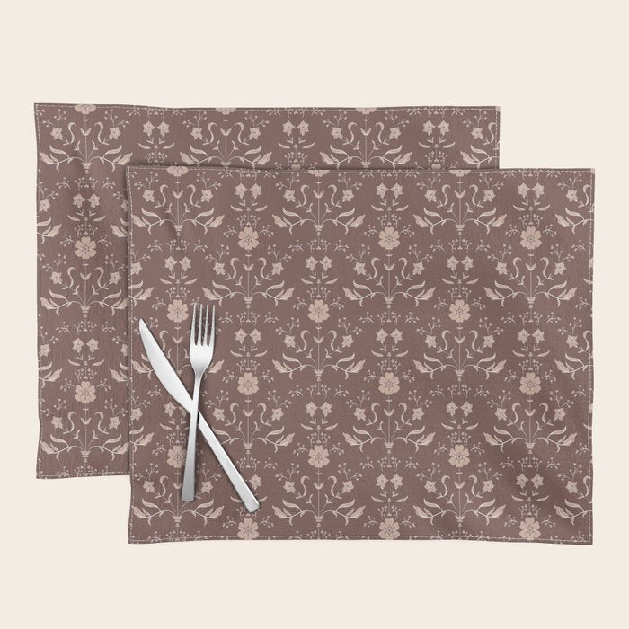 Cafe Block Print Floral - Brown Pink Placemat Gallery Image 1
