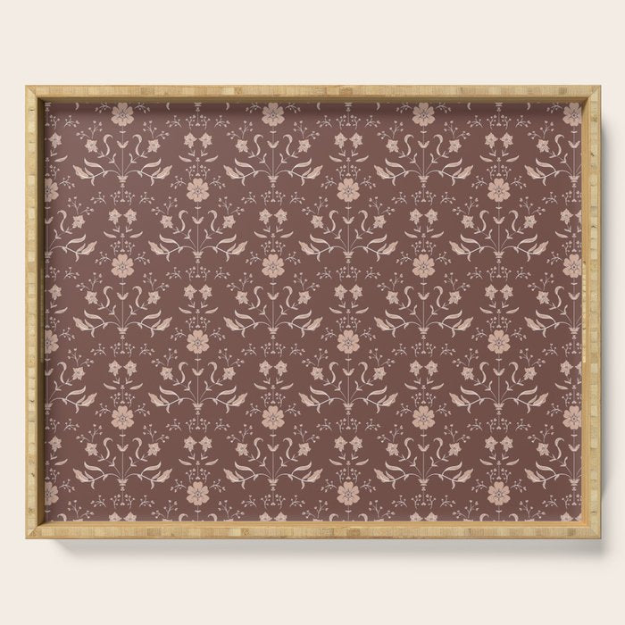 Cafe Block Print Floral - Brown Pink Serving Tray Gallery Image 1