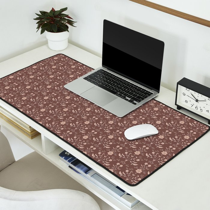 Cafe Block Print Floral - Brown Pink Desk Mat Gallery Image 2