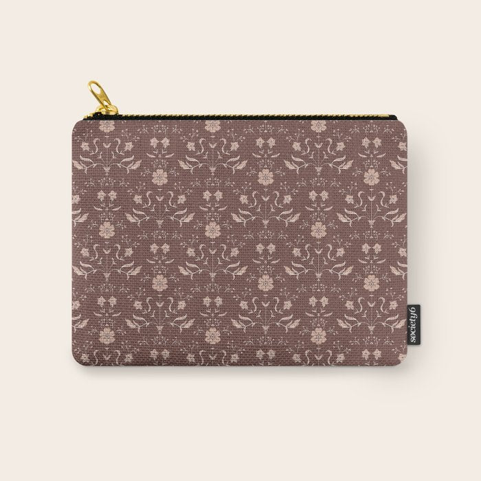 Cafe Block Print Floral - Brown Pink Carry All Pouch Gallery Image 1