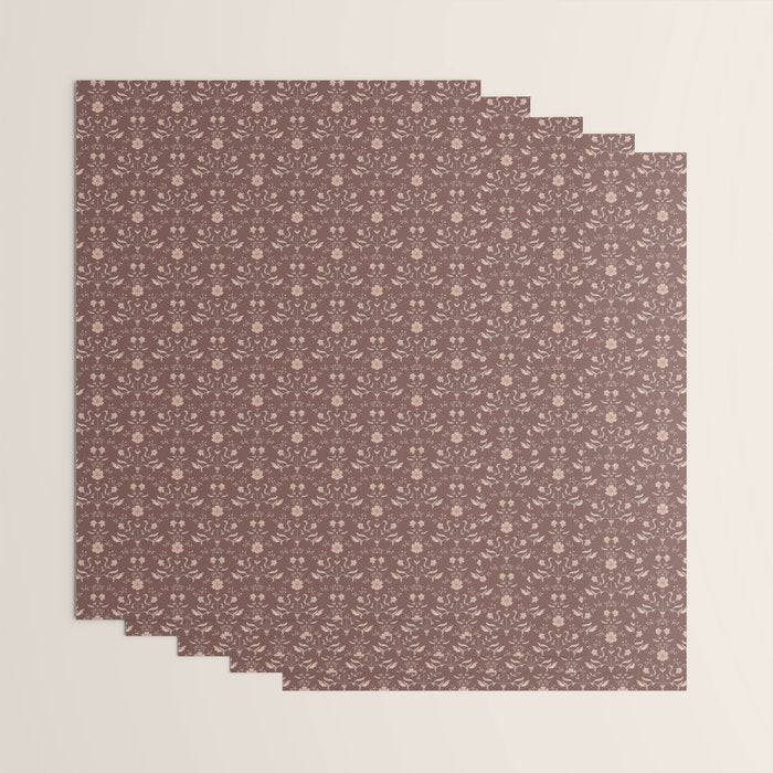 Cafe Block Print Floral - Brown Pink Wrapping Paper Gallery Image 3