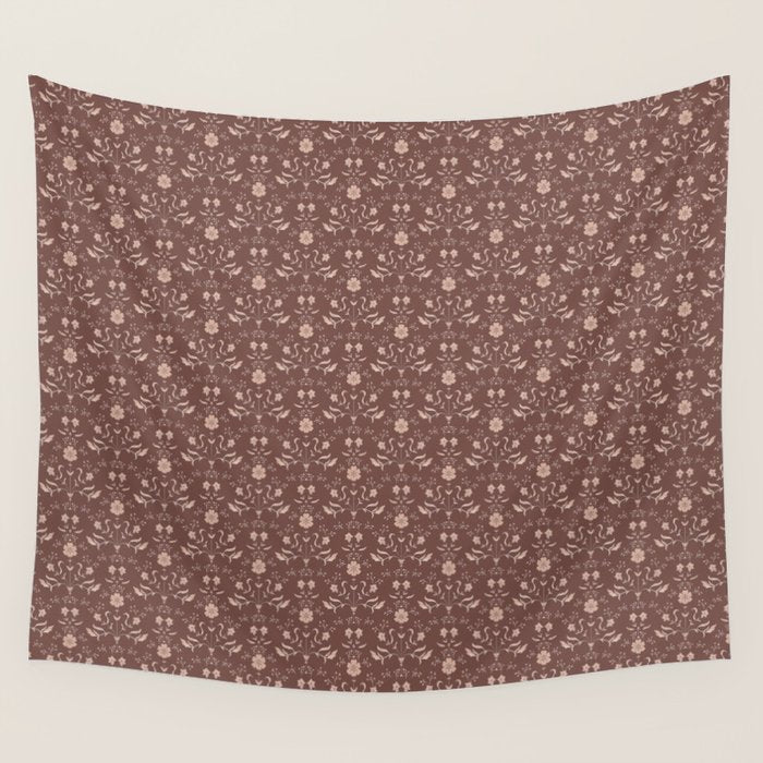 Cafe Block Print Floral - Brown Pink Wall Tapestry Gallery Image 4