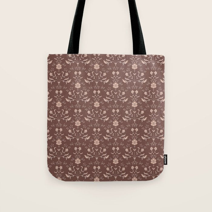 Cafe Block Print Floral - Brown Pink Tote Bag Gallery Image 1