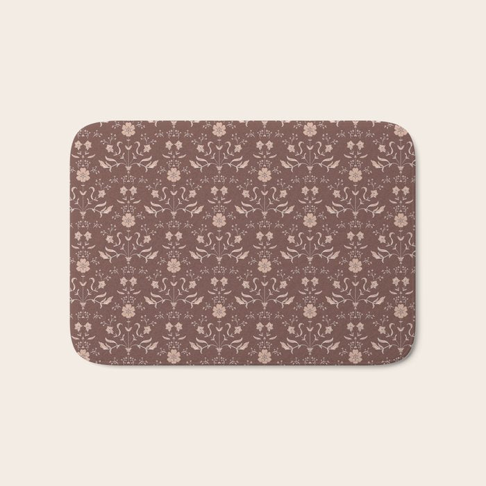 Cafe Block Print Floral - Brown Pink Bath Mat Gallery Image 1