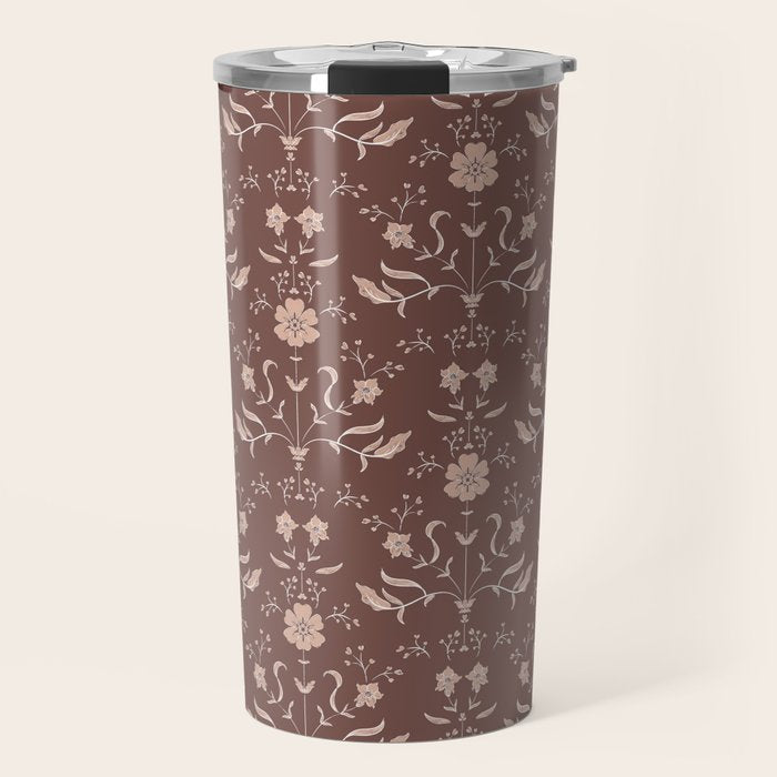Cafe Block Print Floral - Brown Pink Travel Mug Gallery Image 1