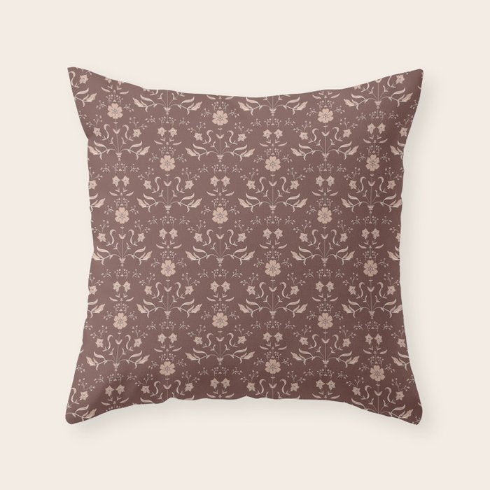 Cafe Block Print Floral - Brown Pink Throw Pillow Gallery Image 6